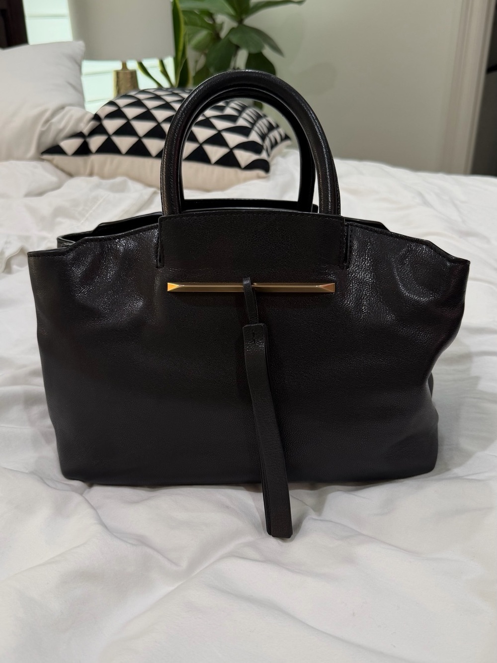 Brian Atwood Black Leather Top-Handle Tote with Gold Accent EUC